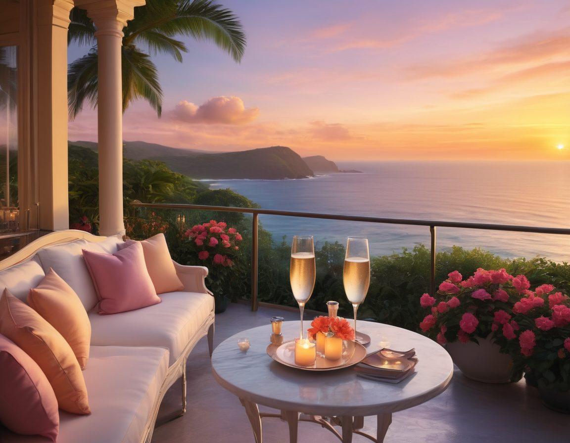 A dreamy sunset view of a luxurious hotel terrace, adorned with elegant candlelit tables, surrounded by lush tropical flowers and soft pillows. In the foreground, a couple clinks glasses of champagne, gazing into each other's eyes, while the ocean waves gently lap at the shore. Soft pastel colors fill the sky. super-realistic. vibrant colors. romantic atmosphere.