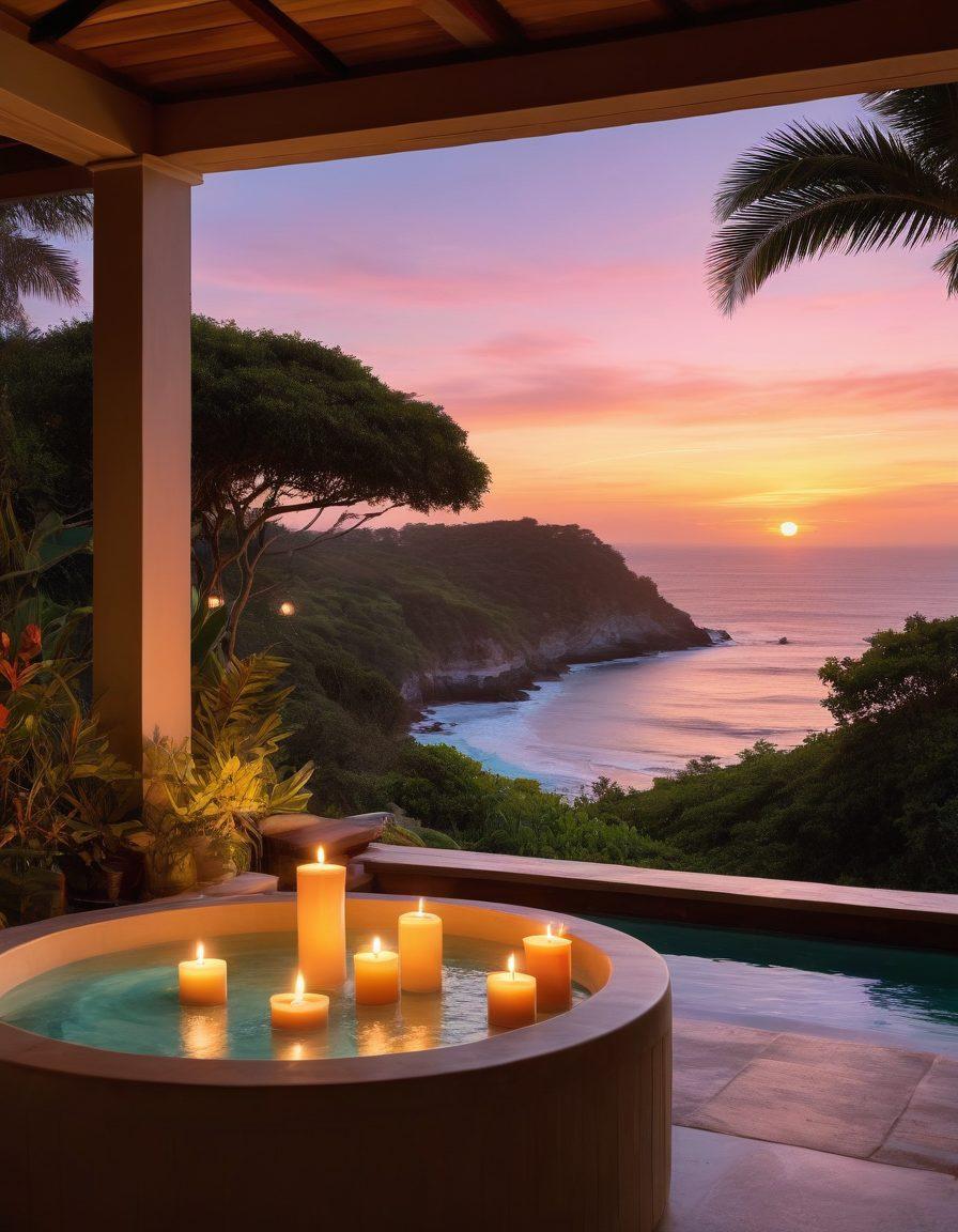A serene and luxurious couples' retreat scene, featuring an elegantly designed private villa with a stunning view of a sunset over a tranquil ocean. Soft candles illuminate a cozy outdoor lounge area, surrounded by lush greenery, a hot tub, and a table set for two with gourmet dining. The atmosphere evokes romance and intimacy, perfect for couples seeking an escape. subtle pastel colors. super-realistic. vibrant lighting.